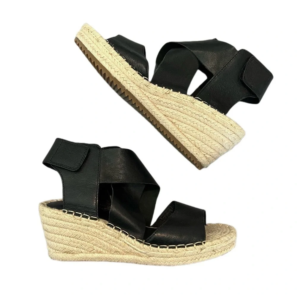 NEW Eileen Fisher Black Willow Wedge Platform Espadrille Sandals Size 6.5